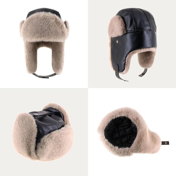 ?Womens Black PU  Leather Trapper Hat with Faux Fur Lining Warm Aviator Hat